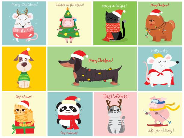 illustrations, cliparts, dessins animés et icônes de cartes de vœux de noel - dog wallpaper humor retro revival