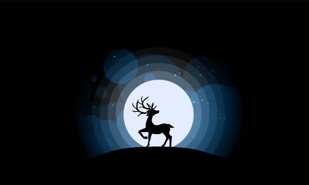 istock Deer looking at the full moon on night sky with stars and cloud. Vector illustration background. 1192301341