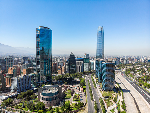 Aerial view of Sanhattan, Santiago Financial District located in the east side of Santiago de Chile