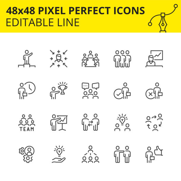 Team work and business icons image. Simple set of  stroke icons for team work and business people. Contains such icons as meeting, collaboration, inspector, team structure etc. 48x48 Pixel perfect. Editable line. Vector-Vector. explaining stock illustrations