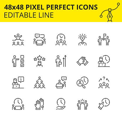Editable Icons for Office of Human Resources and Collaboration which includes Job Search, Communication, Team Management, Head Hunting etc. Pixel Perfect 48x48, Scaled Vector Set.