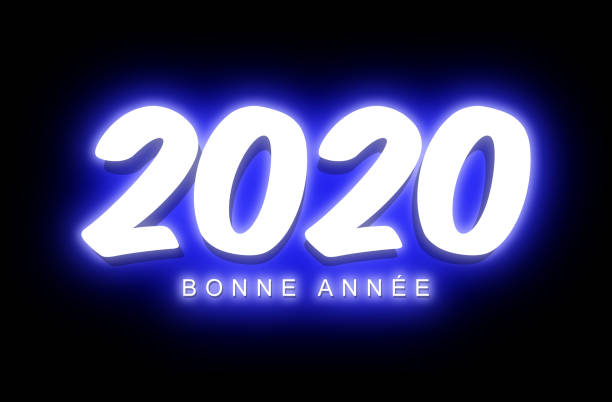 夜のネオン照明のような青色の光の効果を持つ黒い背景に幸せな新年2020白いテキストのイラスト - light lighting equipment new life beginnings点のイラスト素材／クリップアート素材／マンガ素材／アイコン素材