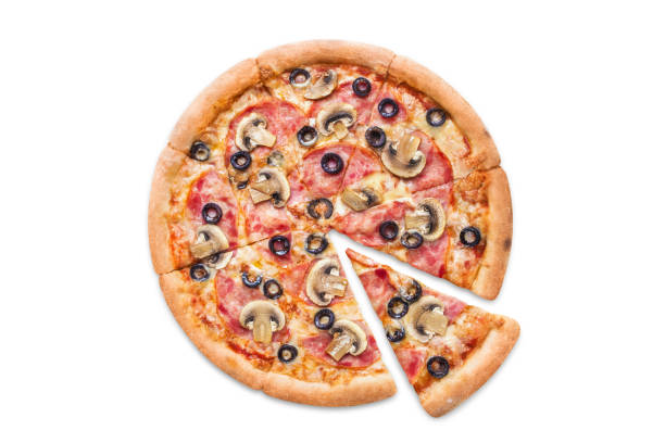 istock Delicious pizza with ham and mushrooms on white 1192304195