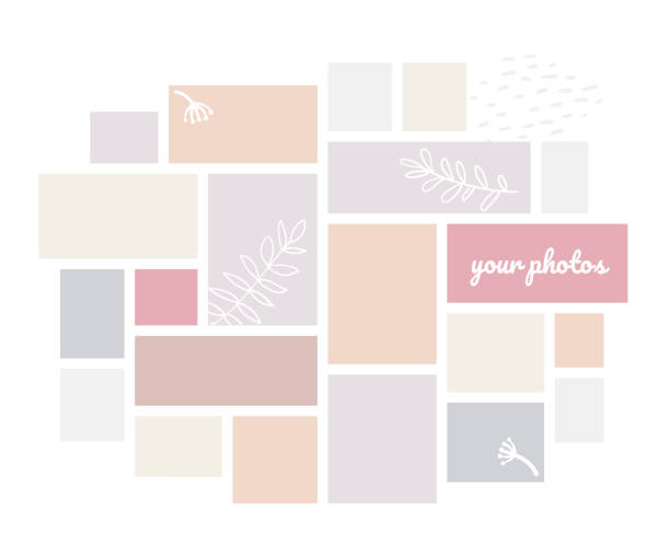 Creative mood board - colorful vector background template Creative mood board - colorful vector background template on white background. High quality theme for photos in pastel colors. Soft pink, blue, beige and grey squares, frames, shapes, collage design artists palette photos stock illustrations