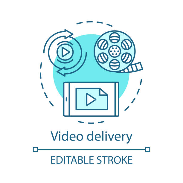 Video delivery concept icon Video delivery concept icon. Film post production idea thin line illustration. Cinematography. Movie distribution. Video hosting. Watch film online. Vector isolated outline drawing. Editable stroke post production house stock illustrations