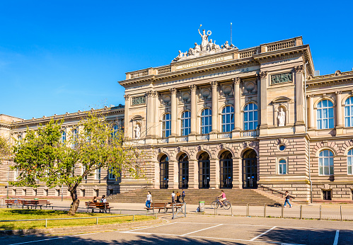 Strasbourg, France - September 15, 2019: Main facade of the Palais Universitaire, a Neo-Renaissance style palace built under the German Empire, which houses the University of Strasbourg since 1884.