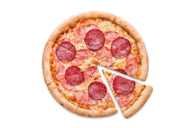 istock Delicious pizza with salami and ham on white 1192307145