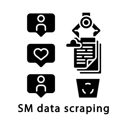 SM data scraping glyph icon. RPA. Сhat history archiving. Cloud storage automatic cleaning. Robot scraping social media data. Silhouette symbol. Negative space. Vector isolated illustration