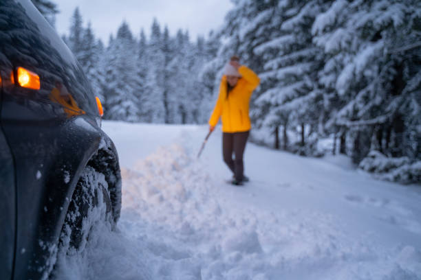 istock Cleaning the car and sweeping after the first snow. Emergency lights. Car issues in the middle of nowhere in bad weather. Car insurance. One woman on the road. 1192308428