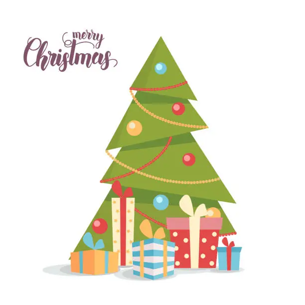 Vector illustration of Decorated X mas tree with gift boxes isolated on white. Flat style illustration. Happy New Year 2020 and merry  Christmas. Hand made Lettering