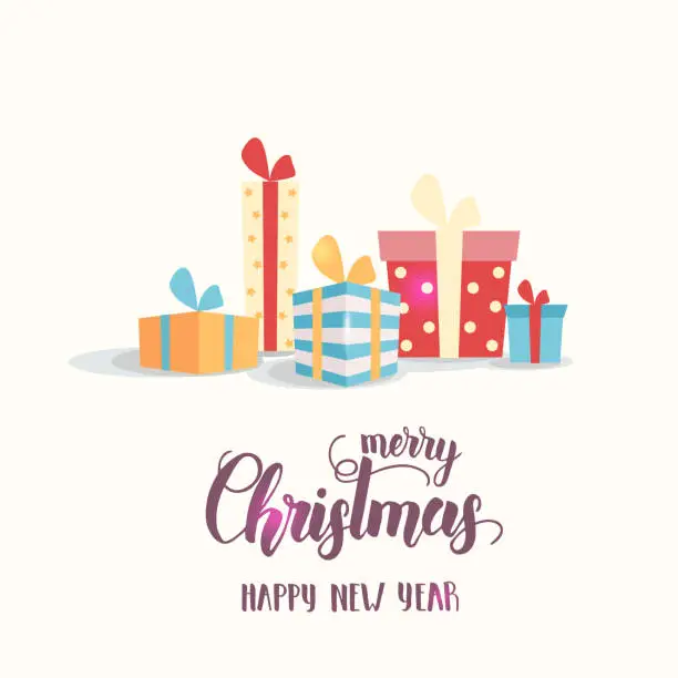 Vector illustration of Set of Gift boxes isolated on white. Flat style illustration. Happy New Year 2020 and merry  Christmas. Hand made Lettering