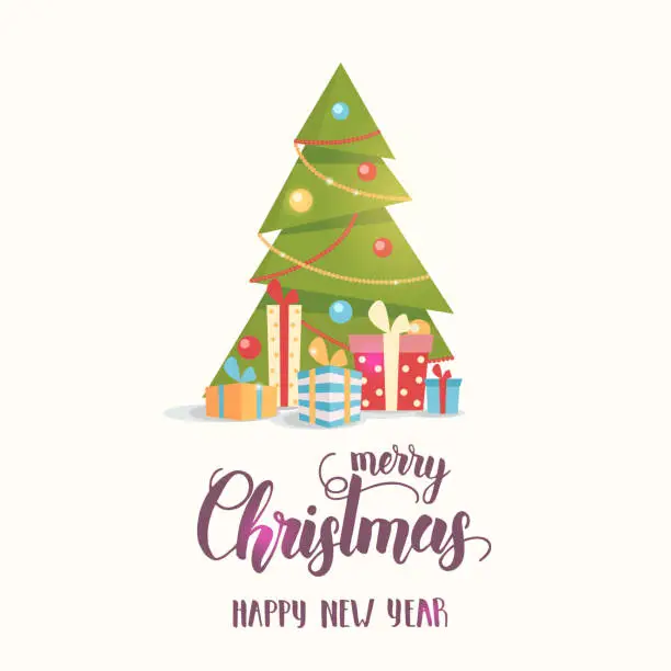 Vector illustration of Decorated X mas tree with gift boxes isolated on white. Flat style illustration. Happy New Year 2020 and merry  Christmas. Hand made Lettering