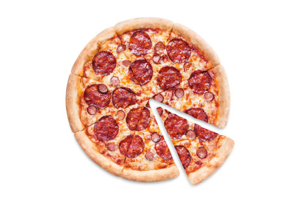 istock Delicious pizza with salami on white 1192309553