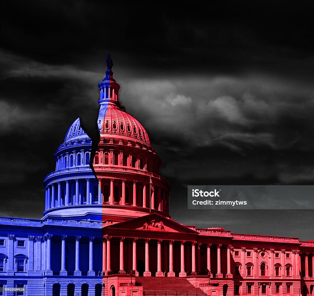 Washington DC capitol divided politics The United States capitol building half red and blue, representing Democrat and Republican political division Democratic Party - USA Stock Photo