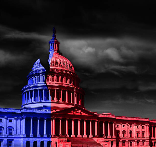 Washington DC capitol divided politics The United States capitol building half red and blue, representing Democrat and Republican political division democratic party usa photos stock pictures, royalty-free photos & images