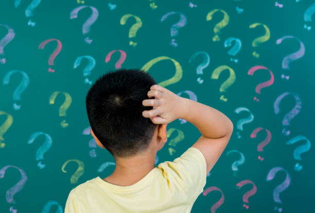 istock Asian boy in front of blackboard with question marks 1192310581