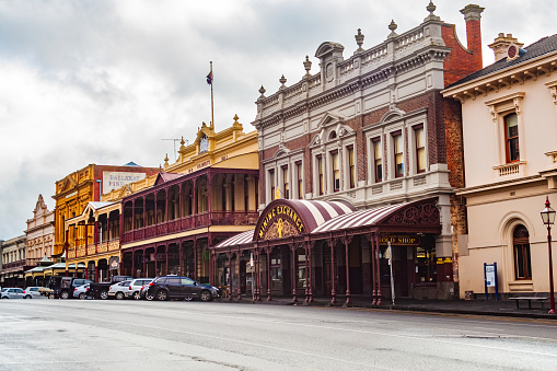 A horizontal view from the right hand side of Ballarat's iconic Mining Exchange building which was established during the 1850-1890s gold mining boom.  These buildings are on Lydiard Street which is also home to a number of Victorian and Edwardian style buildings.