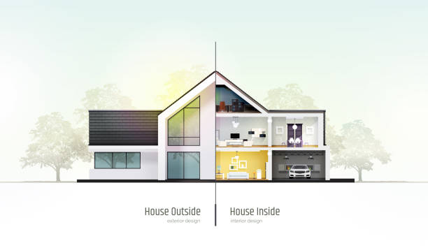 istock House in cross-section. Modern house, villa, cottage, townhouse with shadows. Architectural visualization of a three storey cottage inside and outside. Realistic vector illustration. 1192311147