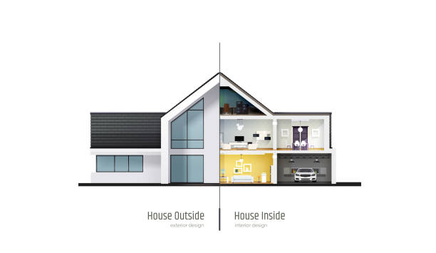 istock House in cross-section. Modern house, villa, cottage, townhouse with shadows. Architectural visualization of a three storey cottage inside and outside. Realistic vector illustration. 1192311181