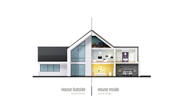 House in cross-section. Modern house, villa, cottage, townhouse with shadows. Architectural visualization of a three storey cottage inside and outside. Realistic vector illustration. House in cross-section. Modern house, villa, cottage, townhouse with shadows. Architectural visualization of a three storey cottage inside and outside. Realistic vector illustration facade stock illustrations