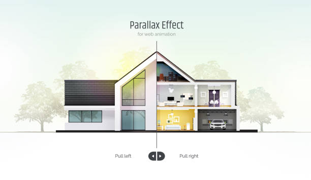 istock House in cross-section. Parallax Effect for Web Animation. Outside exterior inside interior. Architectural visualization of a three storey cottage. Realistic vector illustration. 1192311830
