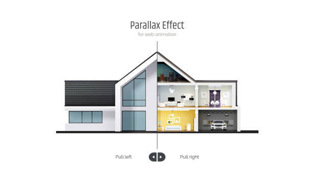 House in cross-section. Parallax Effect for Web Animation. Outside exterior inside interior. Architectural visualization of a three storey cottage. Realistic vector illustration. House in cross-section. Parallax Effect for Web Animation. Outside exterior inside interior. Architectural visualization of a three storey cottage. Realistic vector illustration part of house stock illustrations