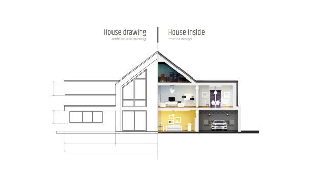 istock House in cross-section. Drawing inside interior. Modern house, villa, cottage, townhouse with shadows. Architectural visualization of a three storey cottage. Realistic vector illustration. 1192311893