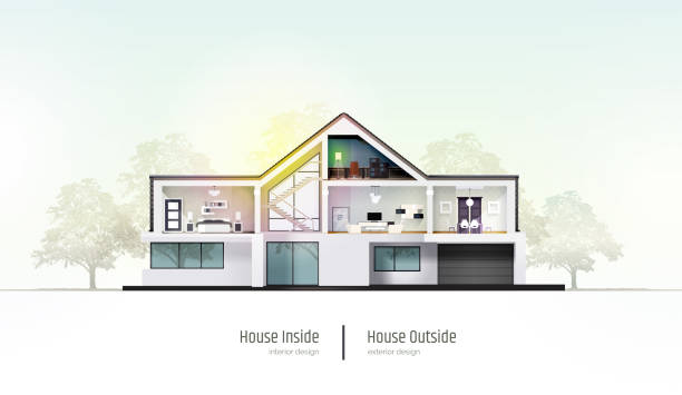 illustrations, cliparts, dessins animés et icônes de maison en coupe transversale. maison moderne, villa, chalet, maison de ville avec des ombres. visualisation architecturale d'un chalet de trois étages. illustration réaliste de vecteur. - cutting plate