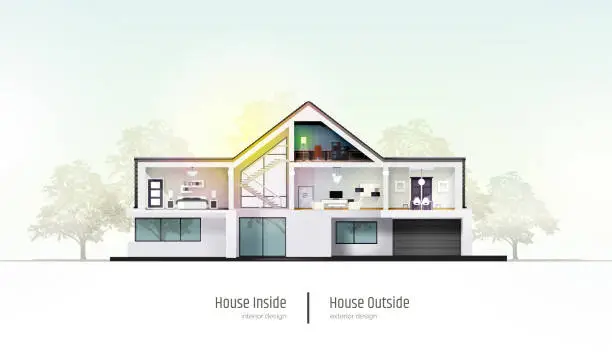 Vector illustration of House in cross-section. Modern house, villa, cottage, townhouse with shadows. Architectural visualization of a three storey cottage. Realistic vector illustration.