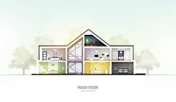 stockillustraties, clipart, cartoons en iconen met huis in snede. drie verdiepingen tellende huisje binnen met kamers, garage en modern interieur met meubilair. modern huis geïsoleerd op witte achtergrond. architecturale visualisatie. realistische vector illustratie. - binnenopname