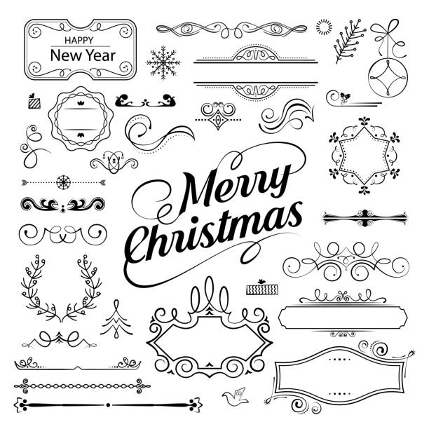 Set of Christmas ornamental filigree flourishes and thin dividers on white background - ilustração de arte vetorial