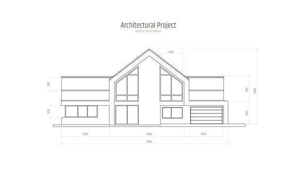 illustrations, cliparts, dessins animés et icônes de dessin architectural d'un chalet de trois étages avec des dimensions. maison moderne, villa, chalet, maison de ville d'isolement sur le fond blanc. illustration réaliste de vecteur. - cutting plate