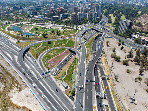 Aerial view of a road intersection in the south side of Bicentenario Park in Santiago de Chile