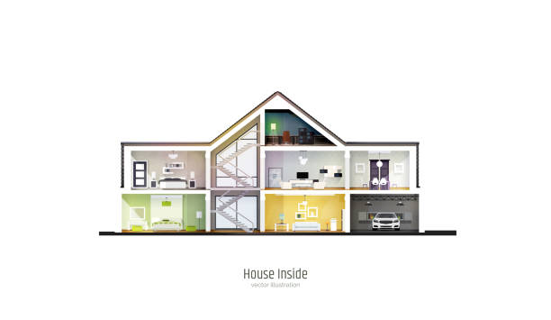 istock House in cut. Three-storey cottage inside with rooms, garage and modern interior with furniture. Modern house isolated on white background. Architectural visualization. Realistic vector illustration. 1192312942
