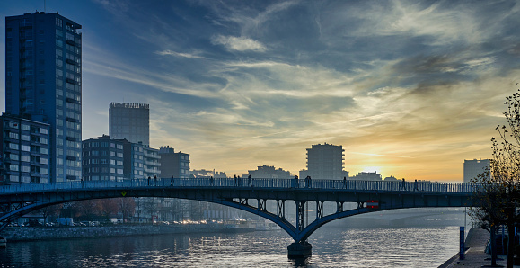 Sunset on river Meuse in Liege, Belgium