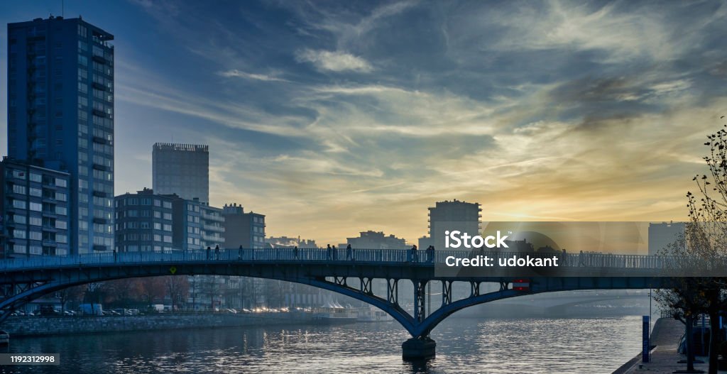 Sunset over Liege Sunset on river Meuse in Liege, Belgium Liege Stock Photo