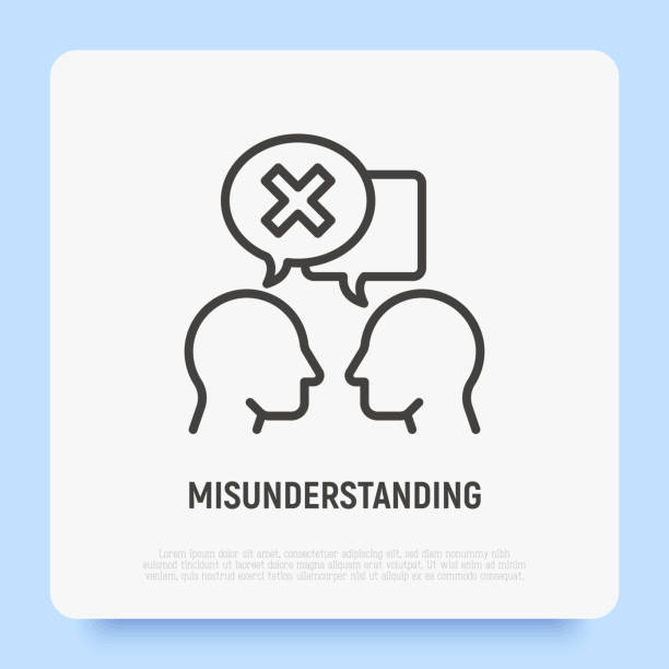 Misunderstanding in conversation between two persons. People are talking and in one speech bubble is cross symbol. Conflict, disagreement. Modern vector illustration. Misunderstanding in conversation between two persons. People are talking and in one speech bubble is cross mark. Conflict, disagreement. Modern vector illustration. communication problems stock illustrations