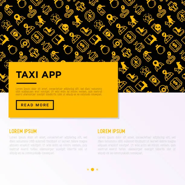 Vector illustration of Taxi app concept with thin line icons: payment method, promocode, app settings, info, support service, phone number, route, destination, airport transfer, baby seat. Vector illustration.