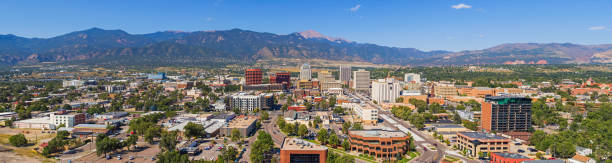 Aerial Panorama of Downtown Colorado Springs Aerial Panorama of Downtown Colorado Springs colorado springs photos stock pictures, royalty-free photos & images
