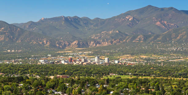 View of Downtown Colorado Springs with the foothill Mountain behind stock photo