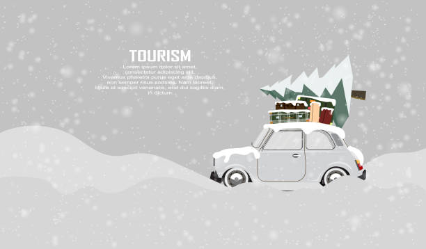 Winter holidays by car. Trip on a winter vacation in the mountains, forest. Travel to world by car. Christmas, winter wether. Nappy new year. Vector design for banner, post Winter holidays by car. Trip on a winter vacation in the mountains, forest. Travel to world by car. Christmas, winter wether. Nappy new year. Vector design for banner, post winter travel stock illustrations