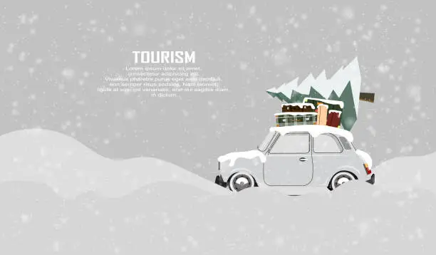 Vector illustration of Winter holidays by car. Trip on a winter vacation in the mountains, forest. Travel to world by car. Christmas, winter wether. Nappy new year. Vector design for banner, post