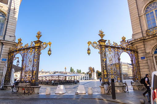 Nancy, France - August 31, 2019: Golden gates to Place Stanislas in Nancy, department of Meurthe-et-Moselle, France