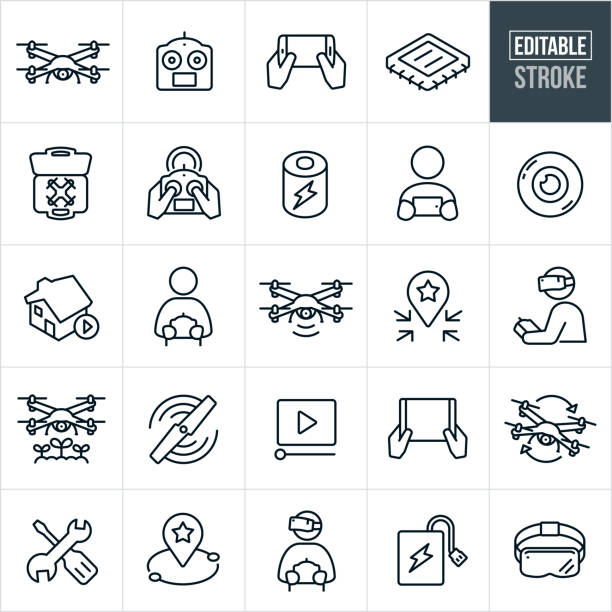 Quadcopter Thin Line Icons - Editable Stroke A set of quadcopter and drone icons that include editable strokes or outlines using the EPS vector file. The icons include a drone, quadcopter, remote controller, mobile device, computer chip, accessories, person flying drone, person using a remote, battery, camera lens, drone video, headset, drones for agriculture, drones for real estate, rotor, repair and other related icons. drone stock illustrations