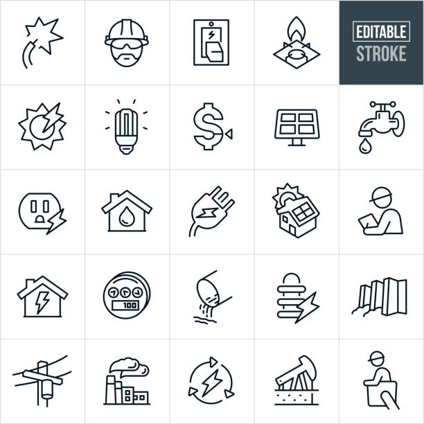 Public Utilities Thin Line Icons - Ediatable Stroke A set of public utilities icons that include editable strokes or outlines using the EPS vector file. The icons include electricity, an engineer, light switch, natural gas, gas range, solar energy, cfl light bulb, solar panel, energy, water spigot, power outlet, public water utility, power plug, house, electrical worker, utility meter, power transformer, dam and power line to name a few. public utility stock illustrations