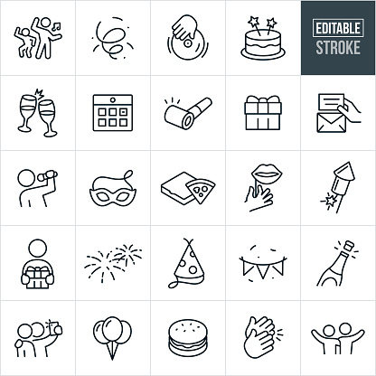 A set of celebration icons that include editable strokes or outlines using the EPS vector file. The icons include confetti, party goers dancing, dj, cake, champagne toast, calendar, party horn, gift, invitation, singer, entertainment, party mask, pizza, props, fireworks, party hat, party banner, champagne, balloons, clapping, friends taking pictures, and friends with their arms around each other to name just a few.