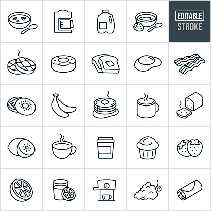 A set college breakfast items icons that include editable strokes or outlines using the EPS vector file. The icons include breakfast food items including a bowl of cereal, coffee, coffee maker, carton of milk, orange juice, bowl of strawberry yogurt, waffles, doughnut, toast, egg, bacon, bagel, bananas, pancakes, fresh baked bread, kiwi, fruit, tea, muffin, strawberries, grapefruit, orange, cappuccino, grapes and a breakfast burrito.