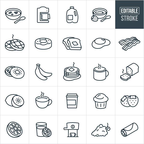 Breakfast Thin Line Icons - Editable Stroke A set college breakfast items icons that include editable strokes or outlines using the EPS vector file. The icons include breakfast food items including a bowl of cereal, coffee, coffee maker, carton of milk, orange juice, bowl of strawberry yogurt, waffles, doughnut, toast, egg, bacon, bagel, bananas, pancakes, fresh baked bread, kiwi, fruit, tea, muffin, strawberries, grapefruit, orange, cappuccino, grapes and a breakfast burrito. breakfast stock illustrations