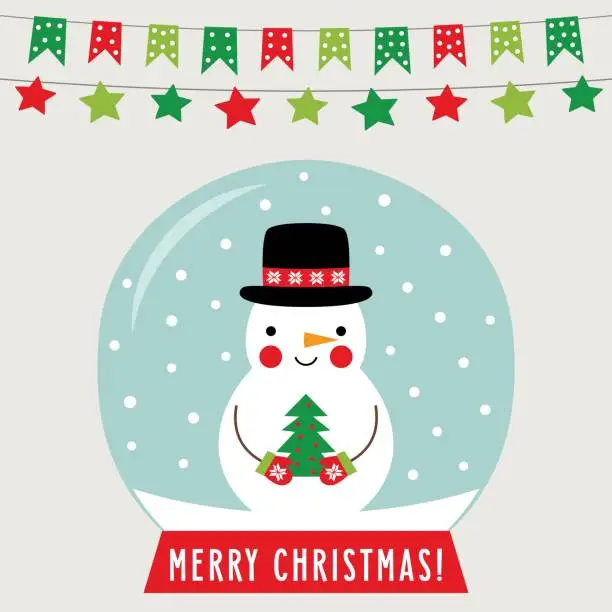 Vector illustration of Christmas glass ball with snowman, greeting card