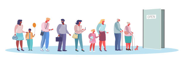 Queue in the doorway, vector flat style design illustration Queue in the doorway, vector flat style design illustration. Young, senior people, kids with mothers waiting in line. family waiting at door stock illustrations